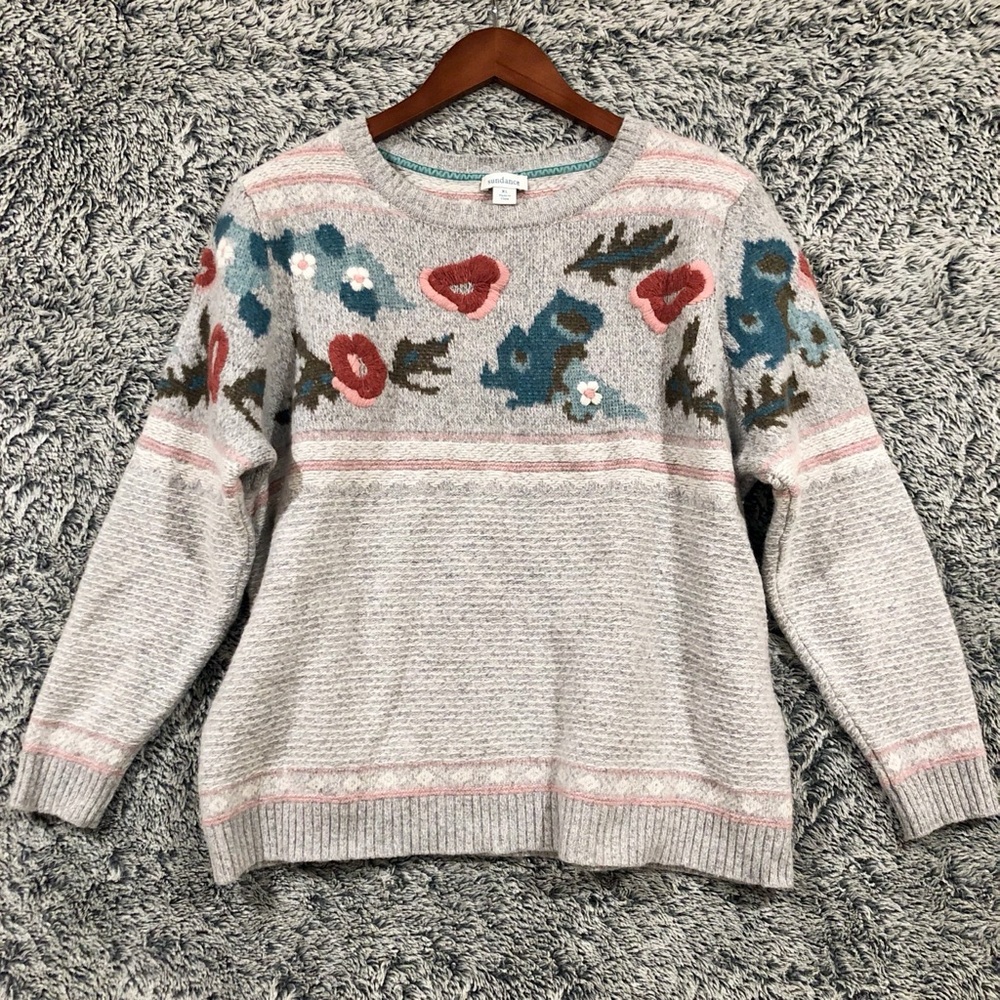 Sundance Bold Botanic Wool Sweater Embroidered Floral, Gray Pink, Women's XL